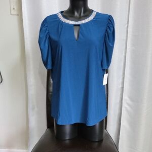 PerSeption Concept Blue Blouse with Embellished Neckline